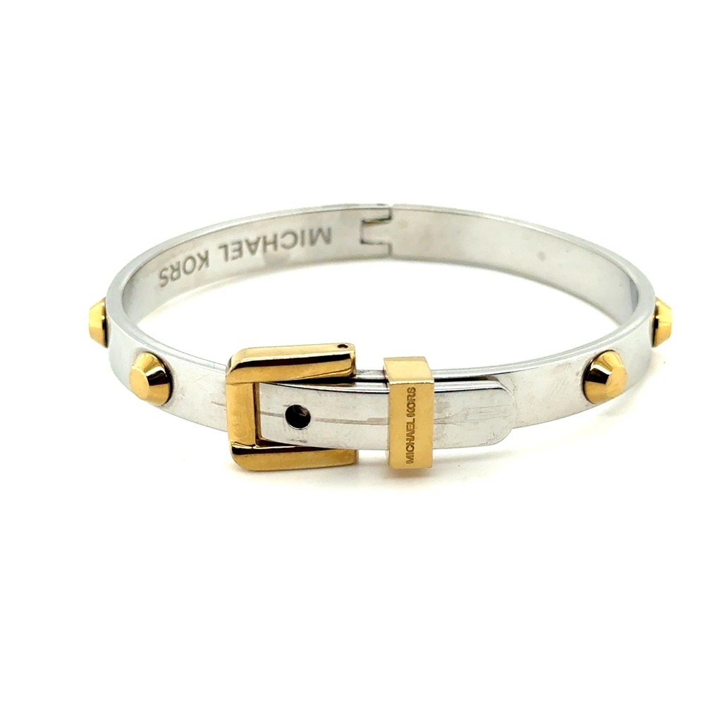 Michael Kors Two Tone Silver Gold Studded Buckle Hinge Bangle Bracelet